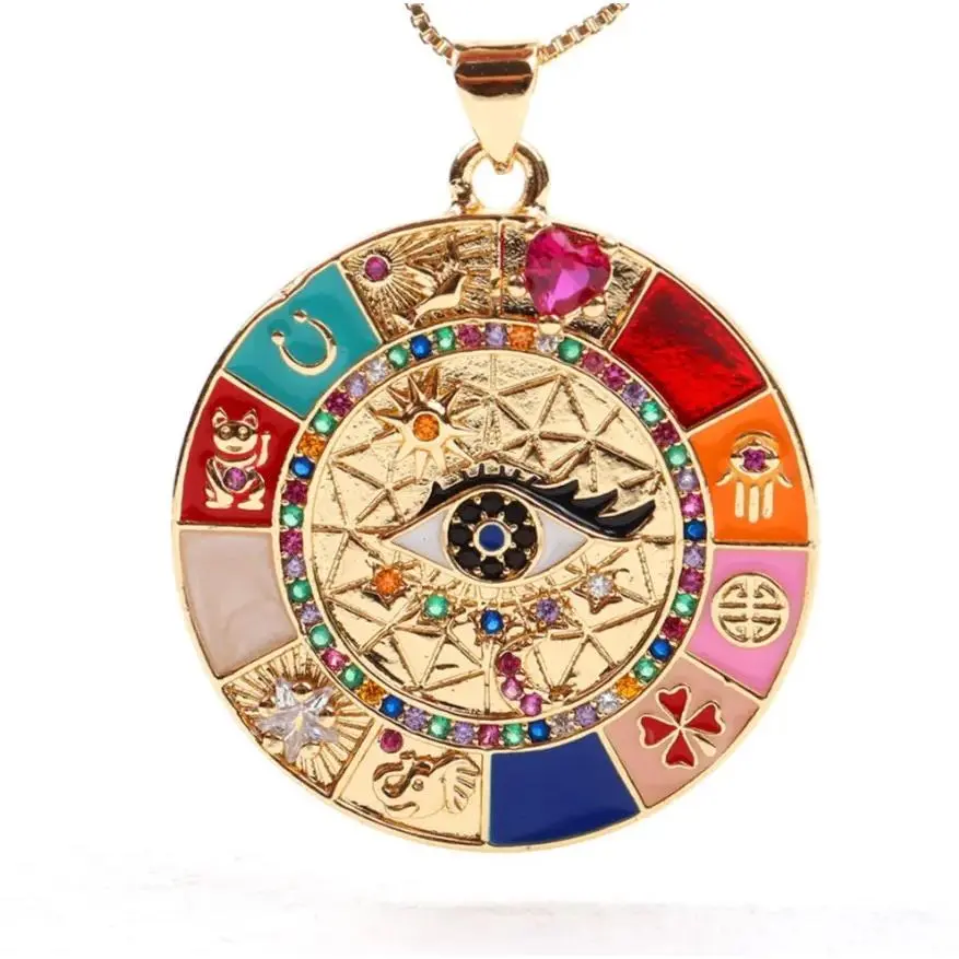 Evil Eye Necklace for Women Retro Enamel 18K Gold Plated Round Medal Necklace Pendant Good Luck Amulet Jewelry Gift