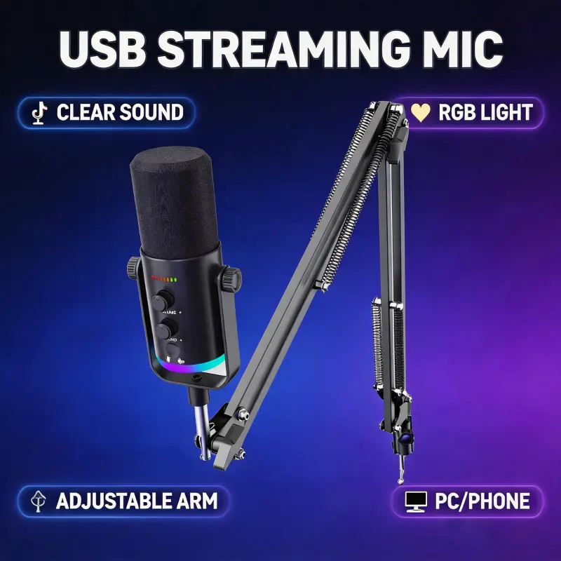Gaming USB Condenser Microphone Kit for PC/PS4/PS5 with Adjustable Boom Arm, Pop Filter, RGB Indicator, One-Key Mute, Volume Control Dedicated for Live Streaming, Podcasting and Recording, Available in Black and White Live Broadcast Kit