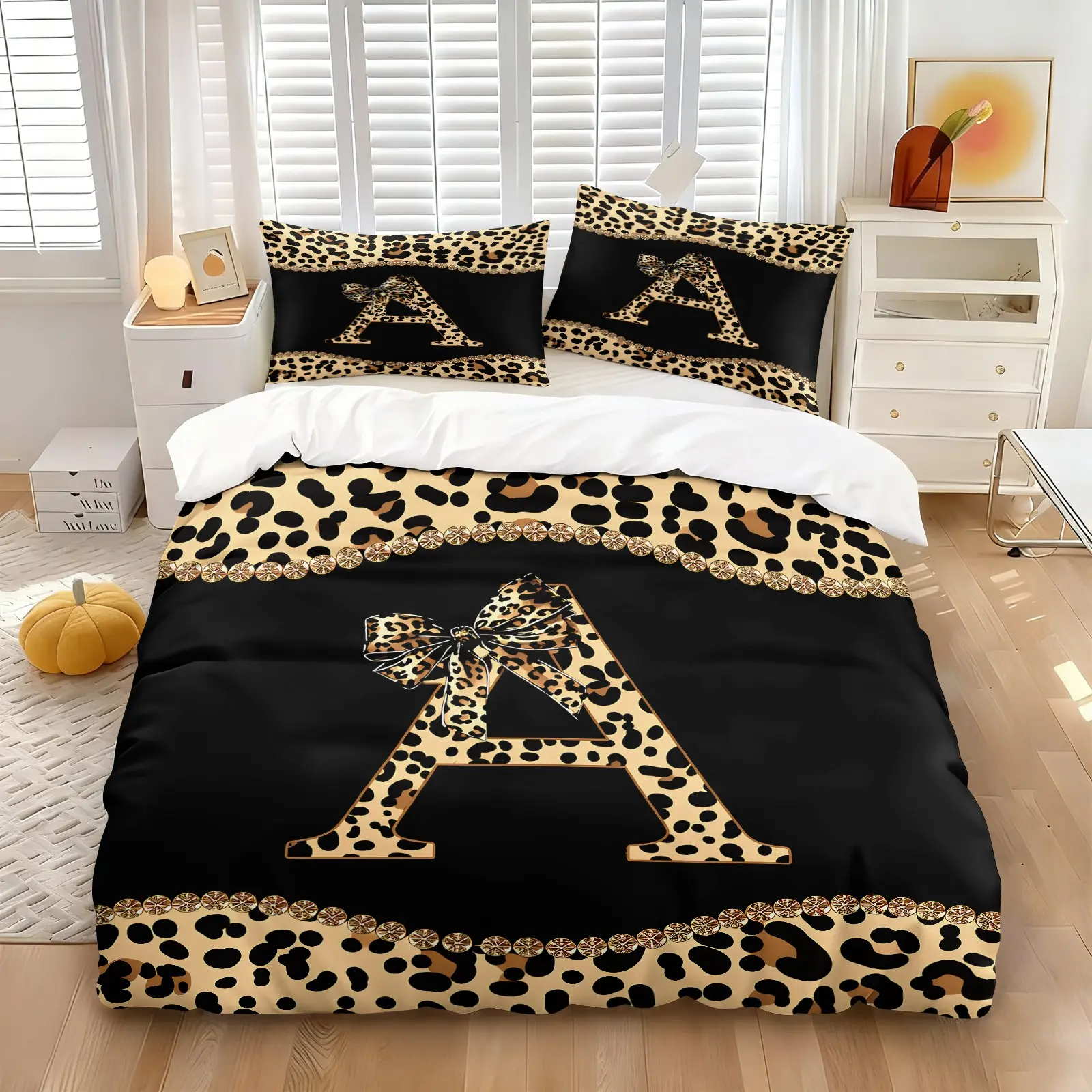 Letter Initial A Duvet Cover Toddler Size with African Cheetah Bow - Leopard Print Comforter Cover for Girls Women Adults Modern Fashion Coquette Bow Bedding Set Leopard Cheetah Alphabet Bed Set, (1 Duvet Cover + 1-2 Pillowcases)