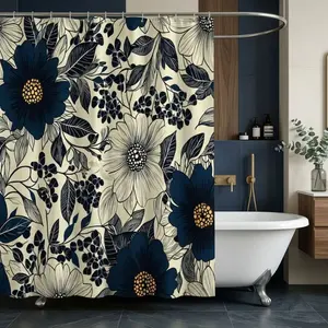 Navy Floral Shower Curtain, Botanical Block Print Design with Gold Mustard Accents, Elegant Bathroom Decor for Holiday Season, Stylish White Bathtub Accessory, Rich Layered Foliage Pattern on Cream Background