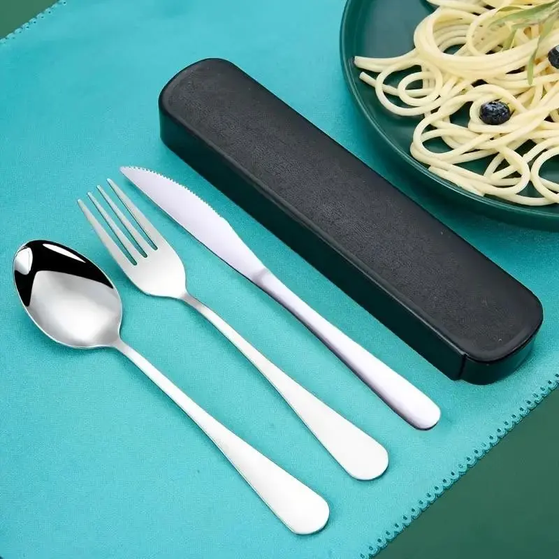 3-Piece Stainless Steel Cutlery Set, Includes Spoon, Fork, Knife, Ideal for Outdoor Camping, Picnics, Family Use