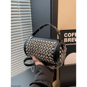 Rivet & Diamond-Studded Crossbody Bag, Chain Strap Shoulder Purse, Bling Accessory For Parties, Dinners & Streetwear