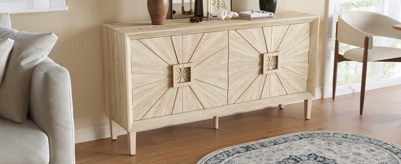 Sideboard Buffet Cabinet, 60" Large Accent Credenza Cabinet with Sunburst 4 Doors & Adjustable Shelf for Living Room, Rustic Brown Kitchen Buffet Table with Storage, TV Stand Media Console