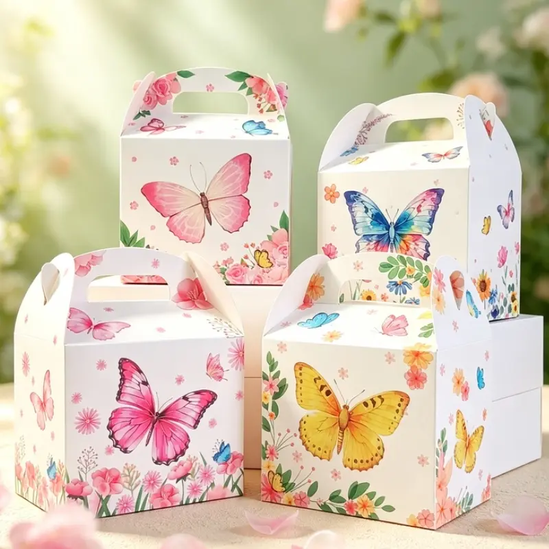 12PCS Butterfly Floral Print Treat Boxes with Handles - Cute Paper Goody Bags for Kids Birthday Parties, Baby Shower Favors, Spring/Easter Gifts & Party Supplies