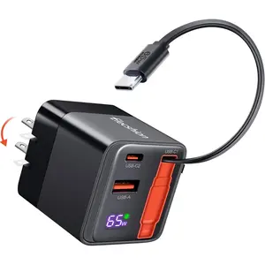 65W Retractable Wall Charger, USB C Charger Block -in Type C  &  Port, PD PPS   GaN Power Adapter Travel Charger for MacBook, IdeaPad, 16 Pro Max,Galaxy S24