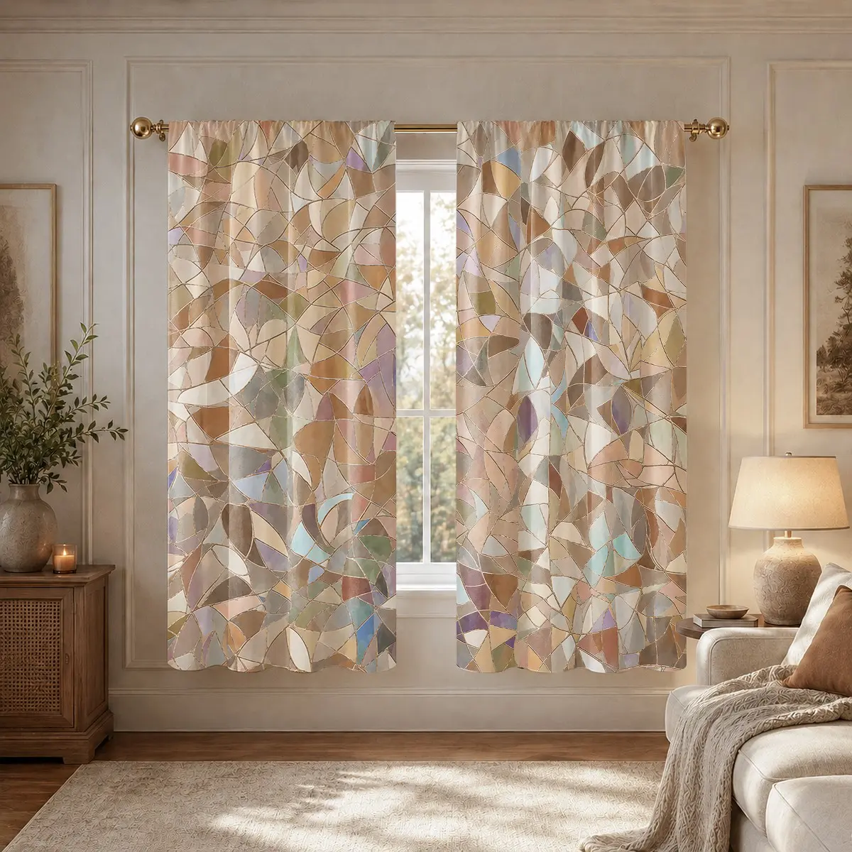 2-piece vintage earth-tone Tiffany stained glass curtains, light luxury vintage style, semi-blackout floor-length curtains for living rooms, pocket rod installation, polyester material, suitable for living rooms, kitchens, bedrooms, studies, etc.