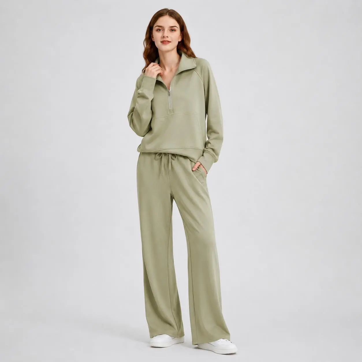 Womens Plus Size Two Piece Tracksuit Lightweight Half Zip Sweatshirt with Wide Leg Sweatpants Relaxed Fit Casual Matching Lounge Set for Travel Airport Daily Wear