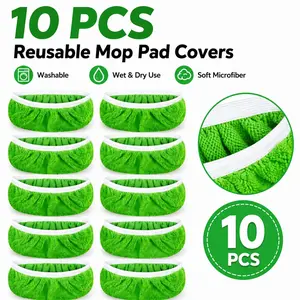 10-Pack Reusable Microfiber Mop Pad Covers, Microfiber Mop Refill, 10"×4.5" Elastic-Fit Replacement Pads, Microfiber Replacement Pads for Wet and Dry Cleaning, Hardwood, Tile and Laminate Floors, Green Reusable Pads for Home, Office Use