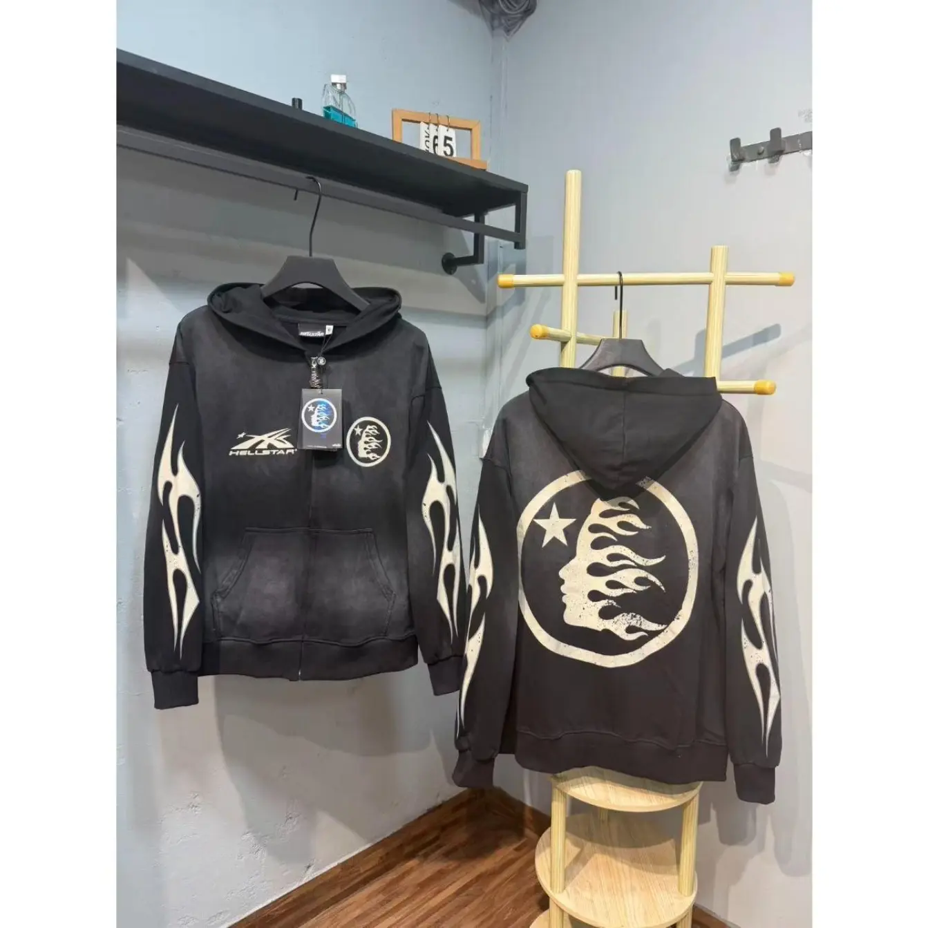 Hellstar Men Vintage Acid Washed Pullover Hoodie Oversized Retro Flame Graphic Print Hooded Sweatshirt, Y2K Hip Hop Gothic Streetwear Casual Tops for Men Teens Young Adults, Halloween, Music Festival, Concert, Skate, Daily Street & Outdoor Outfit
