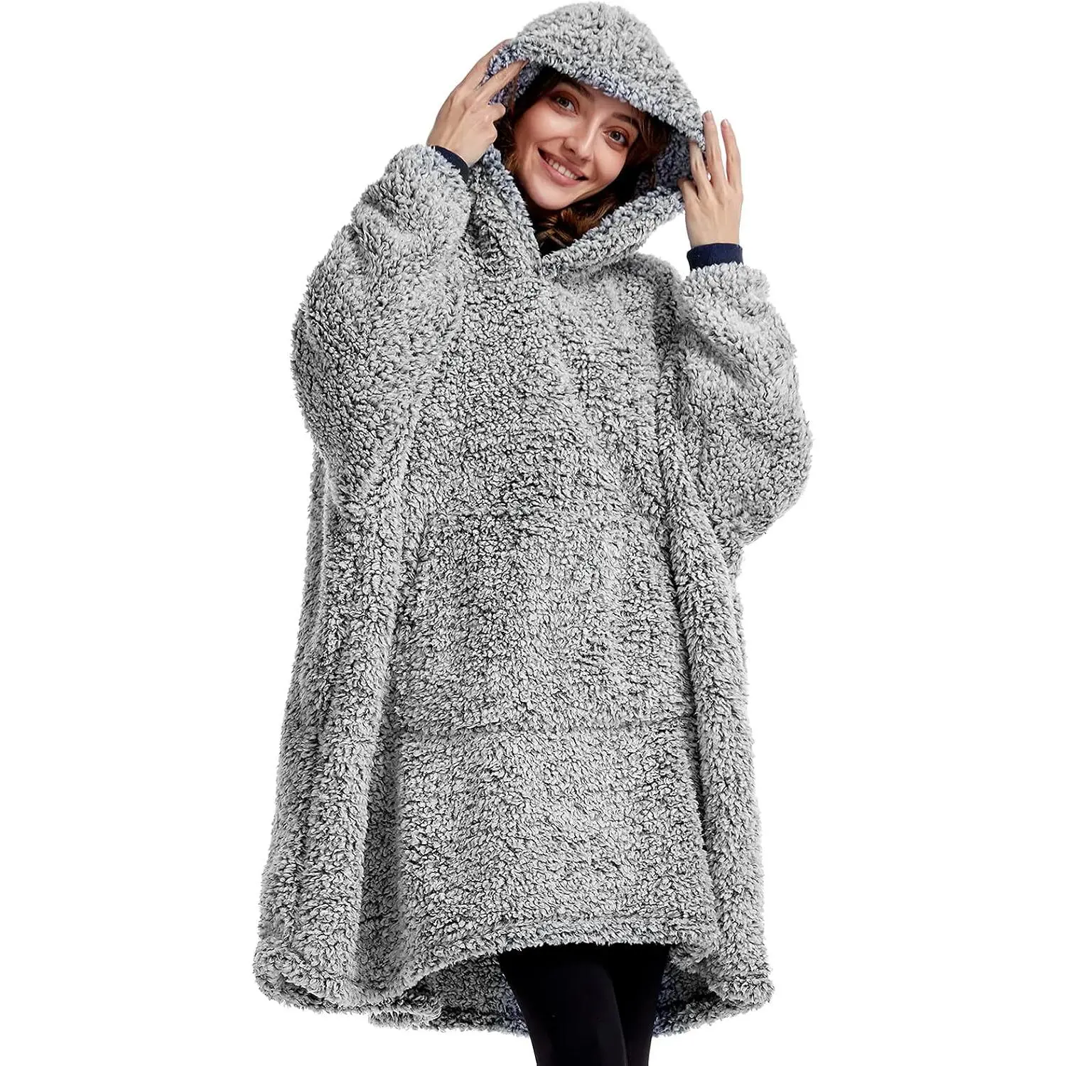 Cozy Sherpa Wearable Snuggle Blanket Hoodie for Adults Women Men   Idea, Blanket Sweatshirt,Super Warm Light Weight, Blue