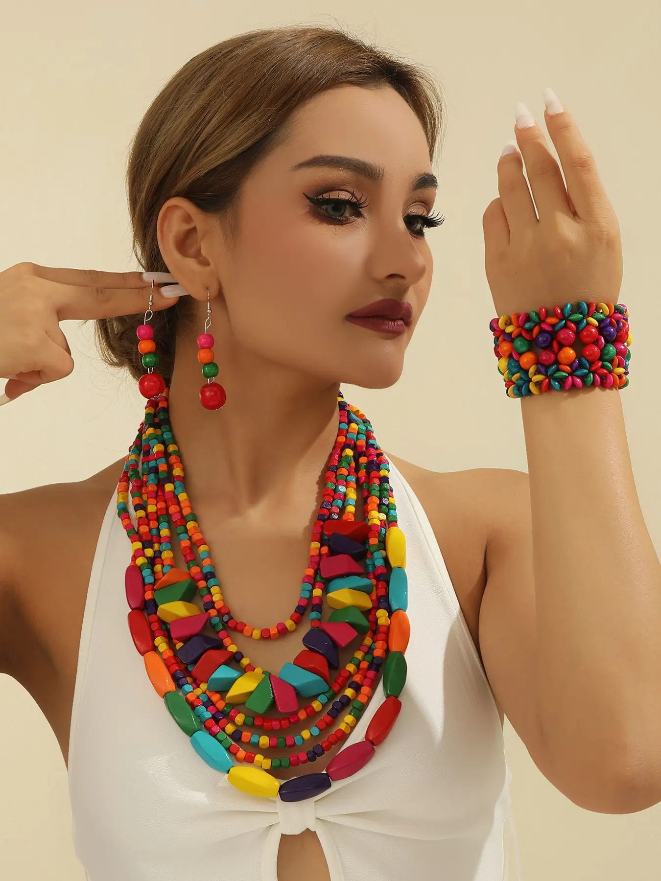Tropical Storm Simia Style Multi layer Wooden Bead Jewelry Set Necklace Earrings Bracelet Set Holiday Vacation Clothing Accessories