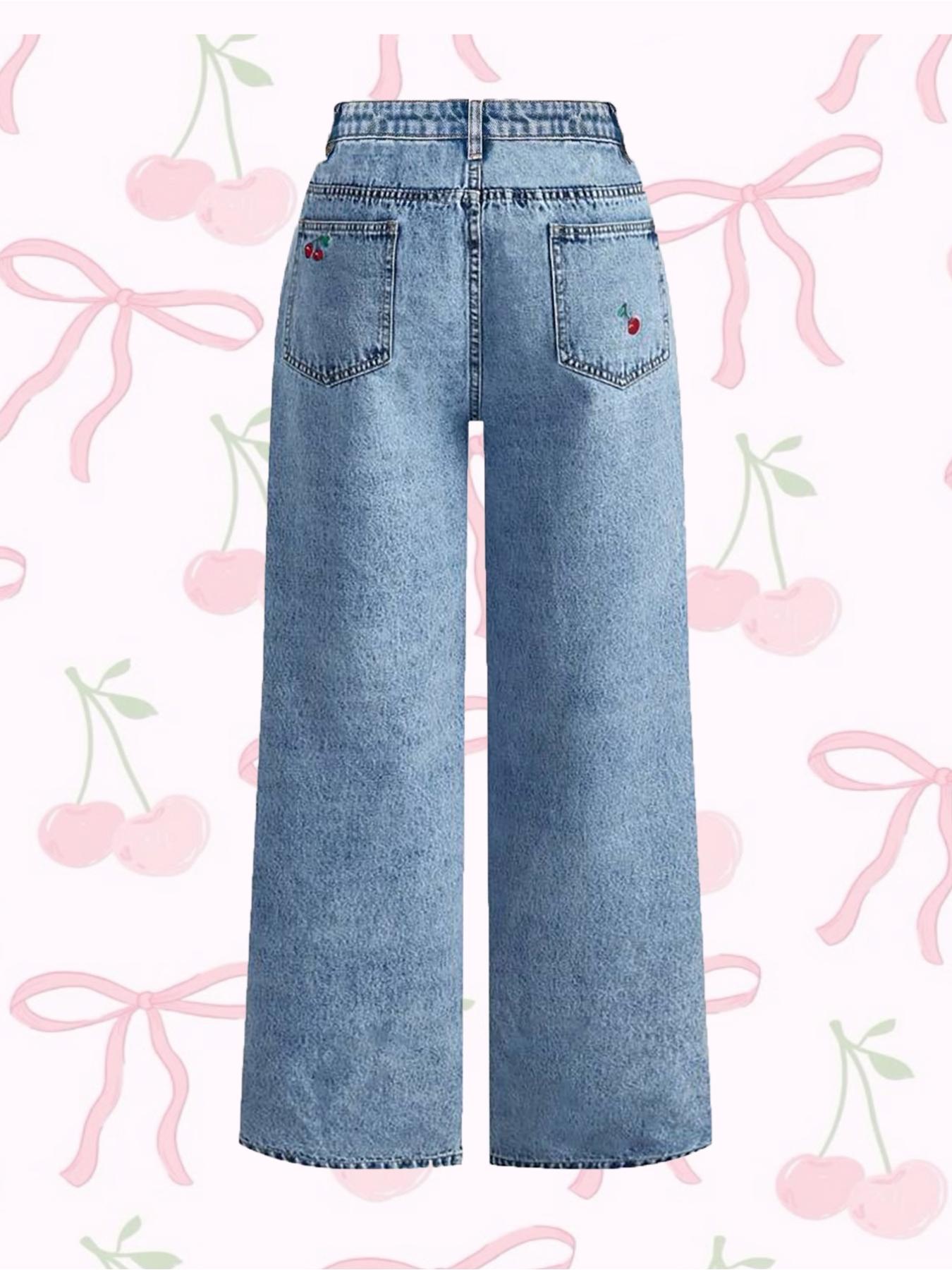 Women's Hand Embroidered Cherry Casual Straight Leg Wide Pants, Elegant Woven Denim Jeans, All Seasons Fashion, Comfortable Fit Trouser, Cute