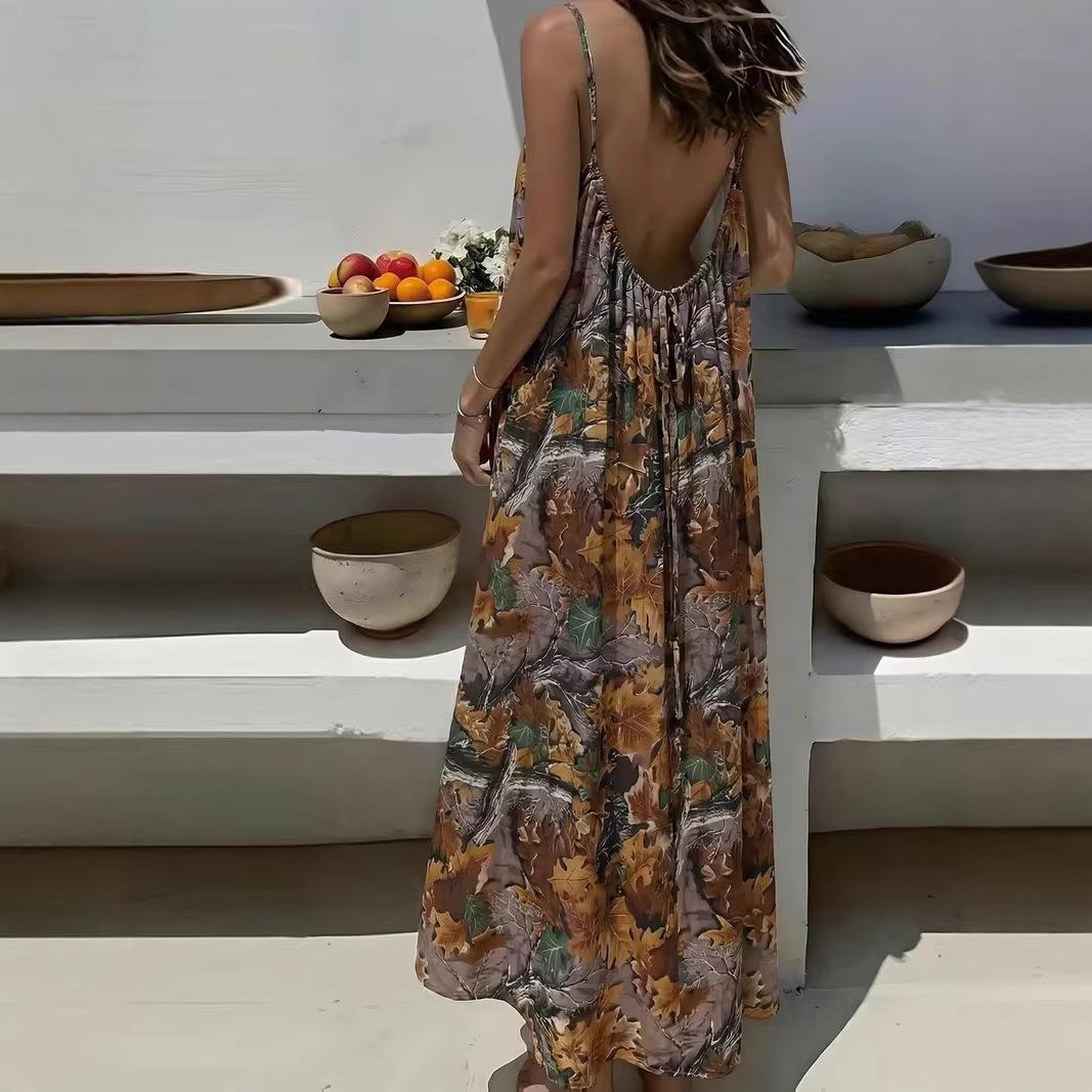 Women's Leopard and Striped Backless Maxi Dress, Elegant Sleeveless Long Lounge Dress for Summer Beach and Vacation, Ladies Casual Wear