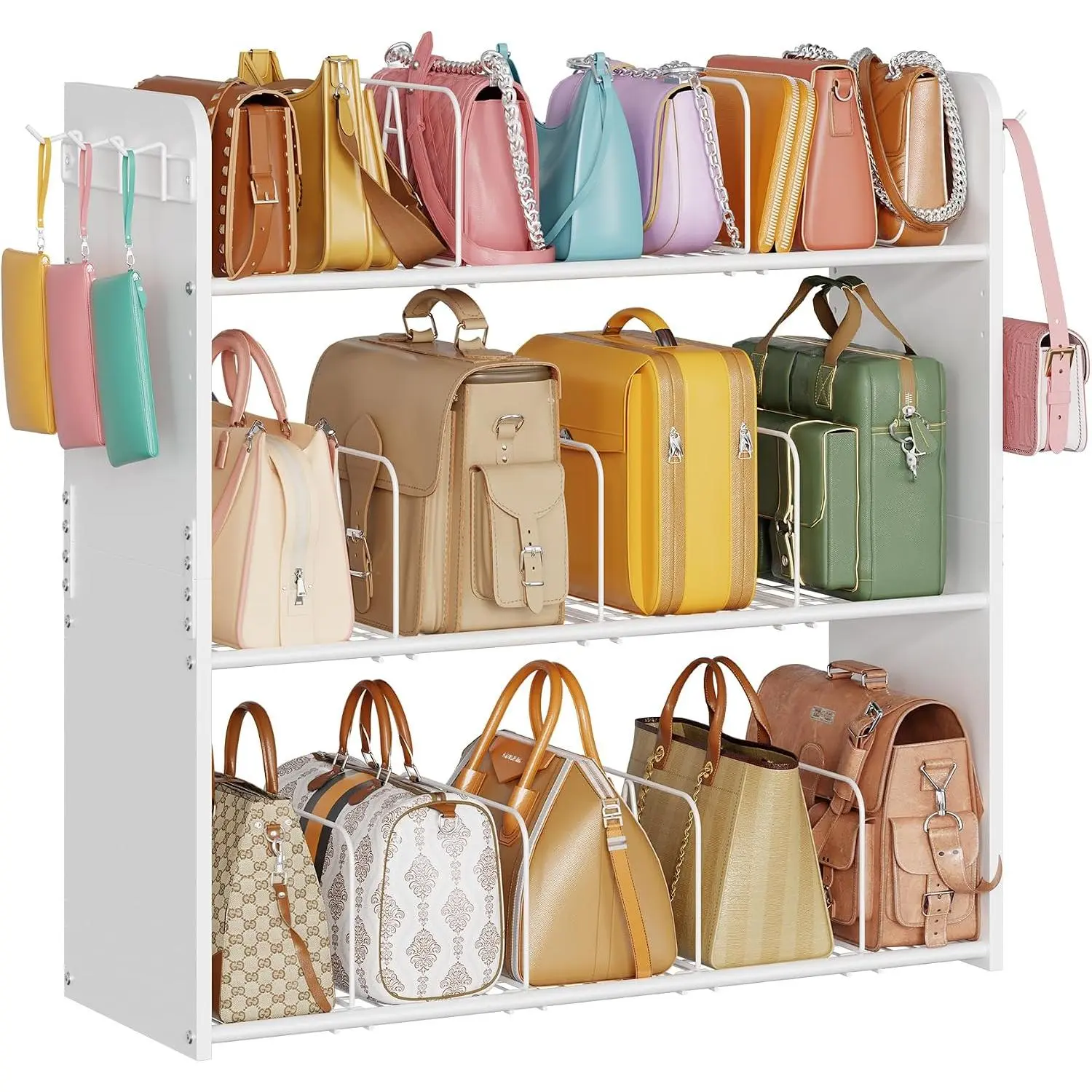 3-Tier Floor Standing Purse Storage for Closet,Adjustable Handbag Storage Display Rack with 9 Removable Dividers&Side Hooks,Sturdy Metal Wire Handbag Holder for Purses,,Clutches&Chain Bags-White