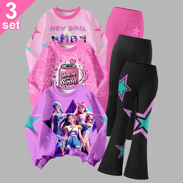 Girls 3‑Piece Sweatshirt Outfit Set, Cartoon Girl Character, Soda Can Letter & Star Print Long Sleeve Tops, Elastic Waist Pants & Flare Pants, Loose Casual Fall Winter Clothes for Girls