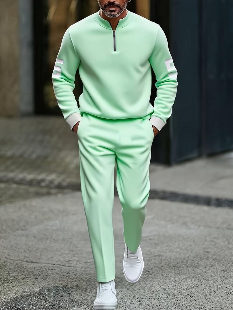 Business casual fashion men's digital printed sportswear set, featuring a street-style patterned digital half-zip sweater + pants, a two-piece men's outfit