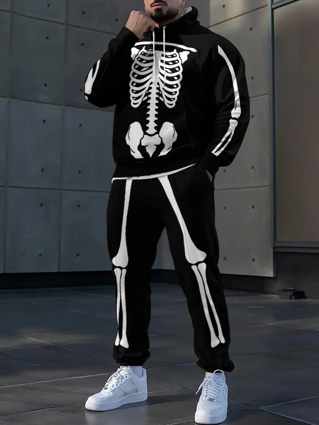 Men's Skeleton Print Hoodie Tracksuit 2 Piece Outfit, Halloween Skull Bone Graphic Hooded Sweatshirt & Jogger Pants Set, Streetwear Casual Matching Suit