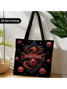 1pc Geometric Dungeons & Dragons Themed shopper bag suitable for Travel, Tabletop Gaming Conventions, Holiday Storage - Machine-Washable Casual Handbag with Dice & Dragons Design