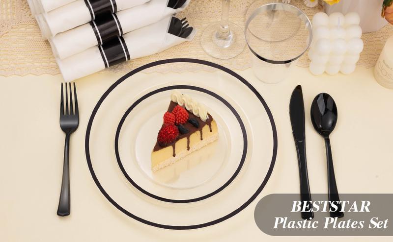 350PCS Clear & Black Disposable Plates Set – 100 Plates, 50 Cups, 50 Pre-Rolled Napkins & Cutlery for 50 Guests with Fashion Design