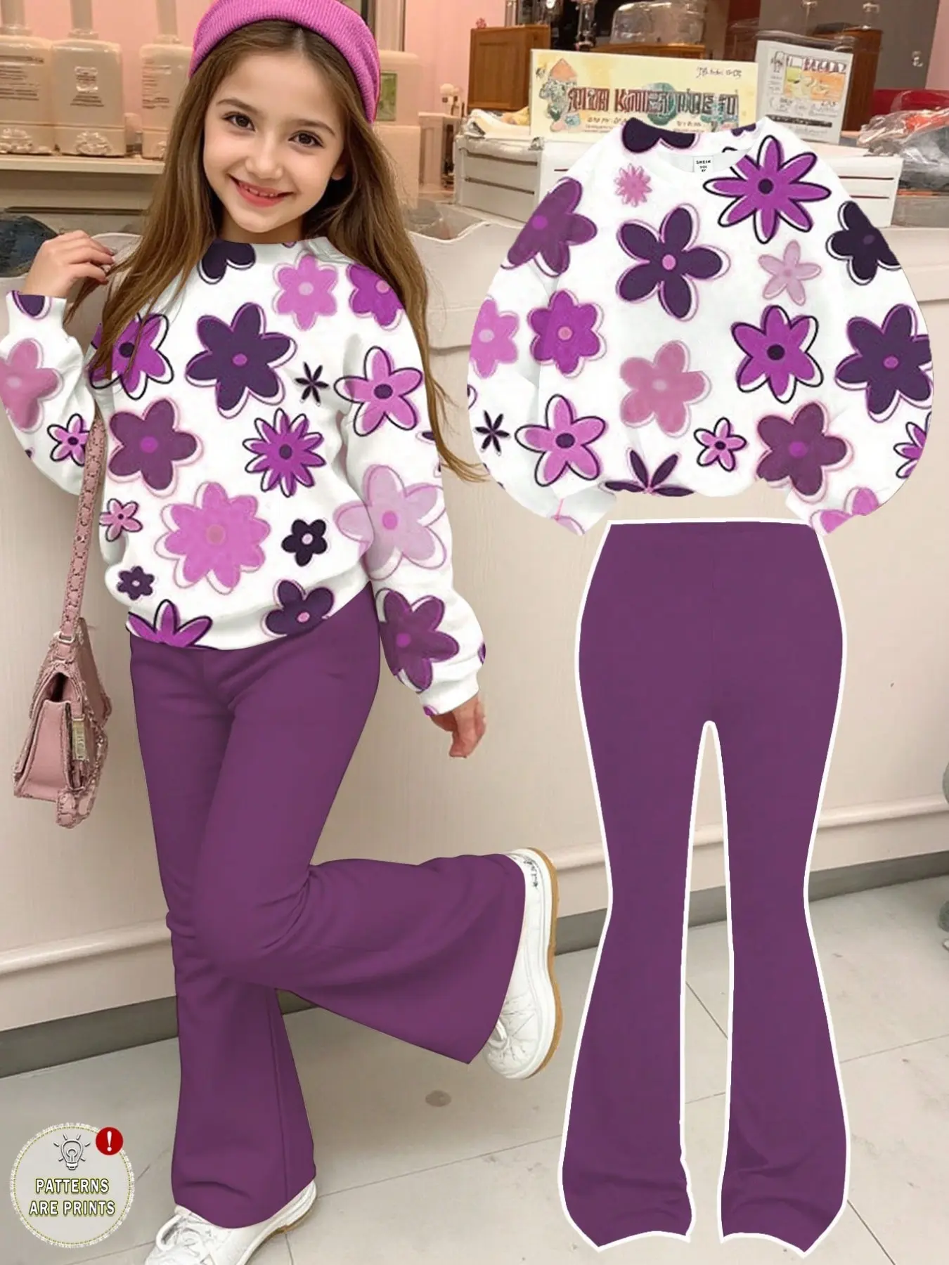 Girls' Floral Sweatshirt and Micro-Ruffle Pants Set, Fresh Casual Full-Print Round Neck Loose-Fit, School Outing Wear for Fall & Winter
