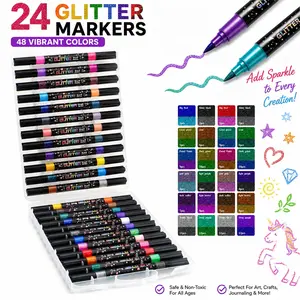 24/48 Color Dual Tip Glitter Markers, Fine & Brush Tips, Fluorescent Pens for Wood, Glass, Fabric, Metal, Ceramic, Art Supplies, Gift Ideas