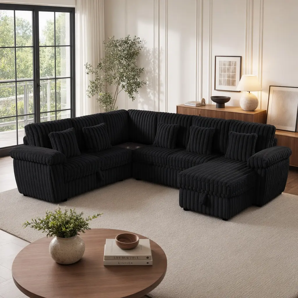 ARCH 103 Inch U-Shaped Corduroy Sectional Sofa with Storage Pull Out Bed Coffee Table USB Port, 7 Seat Cushion Back Square Arm Living Room Furniture Set, Black, Black Color Options, Corduroy Material, 7 Seat Seat Count, Contemporary Style