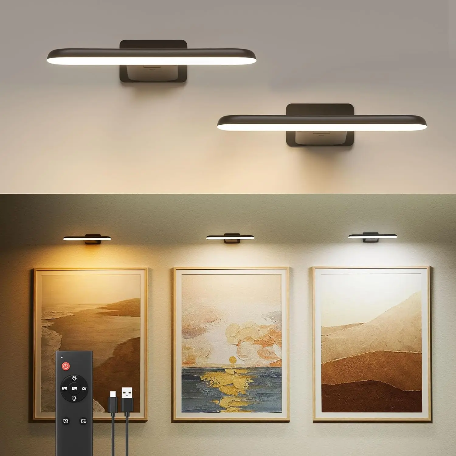 2 Pack Picture Lights for Wall,Art Lights for Painting,Battery Operated Wall Sconce Rechargeable,LED Wall Light Cordless with Remote, Frame,Gallery,Dartboard Lights No-Drill,Black