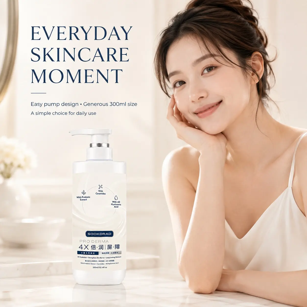 4X Hydrating Barrier Moisturizer, with Prebiotic Extract, Ceramides, 4D Hyaluronic Acid, 4X Hydration, strengthens skin barrier, long-lasting moisture, 300ml/10.14fl oz