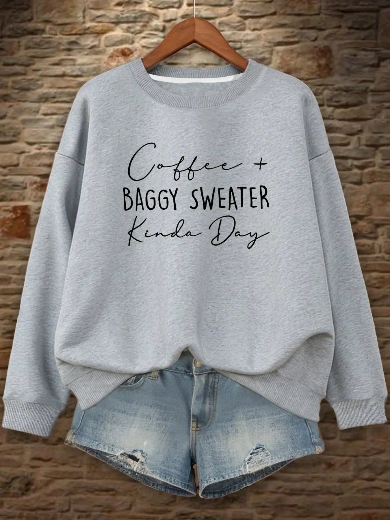 Women's Fall Sportswear, Coffee + Baggy Sweater Graphic Print, Casual Long Sleeve Round Neck Pullover Sweatshirts, Fashion Daily Top for Women