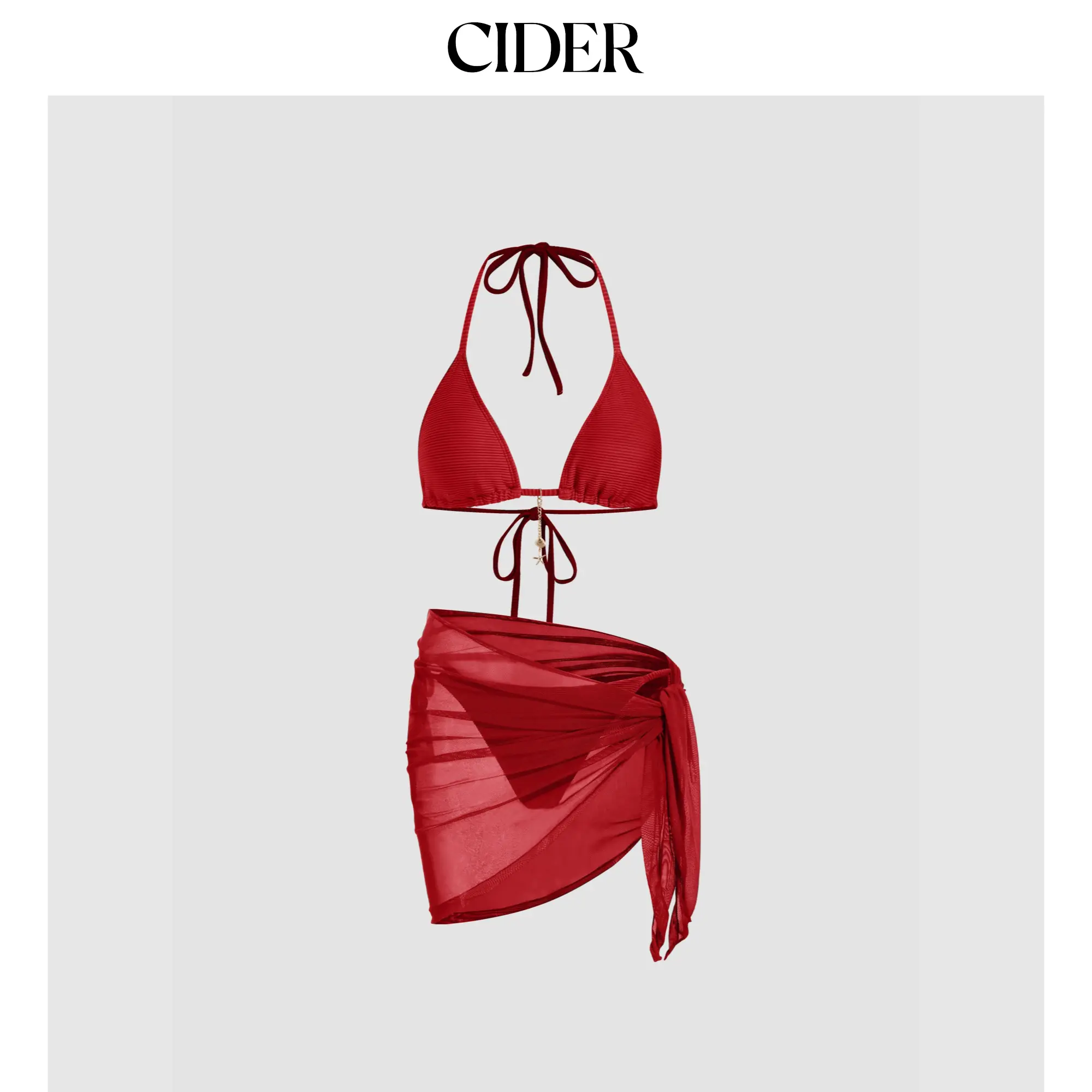 Cider Rib Fabric Halter Neckline Knotted Tie Side Bikini Set With Sarong