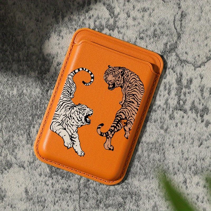 Luxury Tiger-Striped TPU Faux Leather Magnetic Mobile Wallet Card Holder for iPhone 16/15/14/13/12 Pro Max, 1-2 Secure Slots, Built-In Security Pocket, Orange with Black & White Stripes, Phone Accessory
