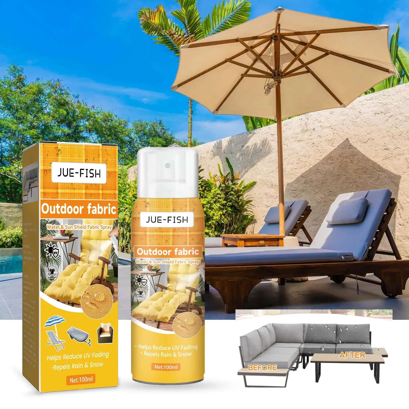 Jue-Fish 100ml Silicone Fabric Spray - Waterproof Protective, Summer Cooling, 141g, 160pcs, 11.8*4.5cm, Protects Garden Furniture, Home Care Household Cleaner for Outdoor Gear