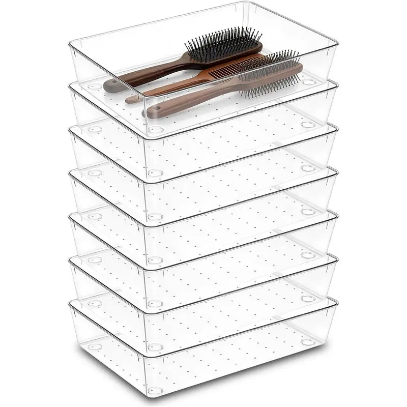 7-Pack Clear Acrylic Drawer Organizer Trays (6"x9"), Stackable Plastic Dividers, Space-Saving Multi-Purpose Home Storage Bins for Vanity Makeup, Office Stationery