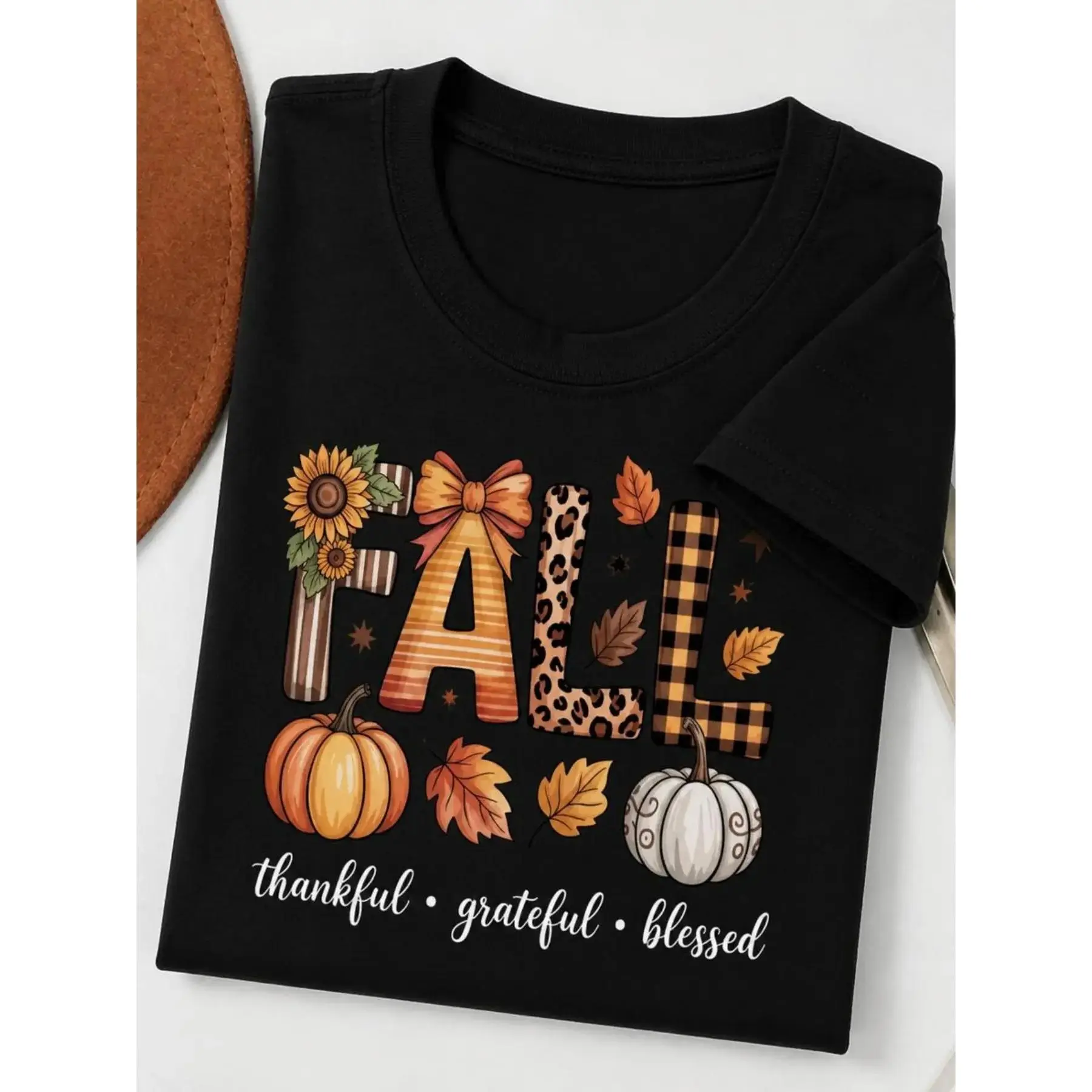 [100% cotton] 1pc Women's Cotton Fabric Fall Tshirt - Short Sleeve Crew Neck, Pumpkin Sunflower Maple & "FALL" Letter Print, Casual Street Top for Autumn Thanksgiving Outfits, 2D Flat