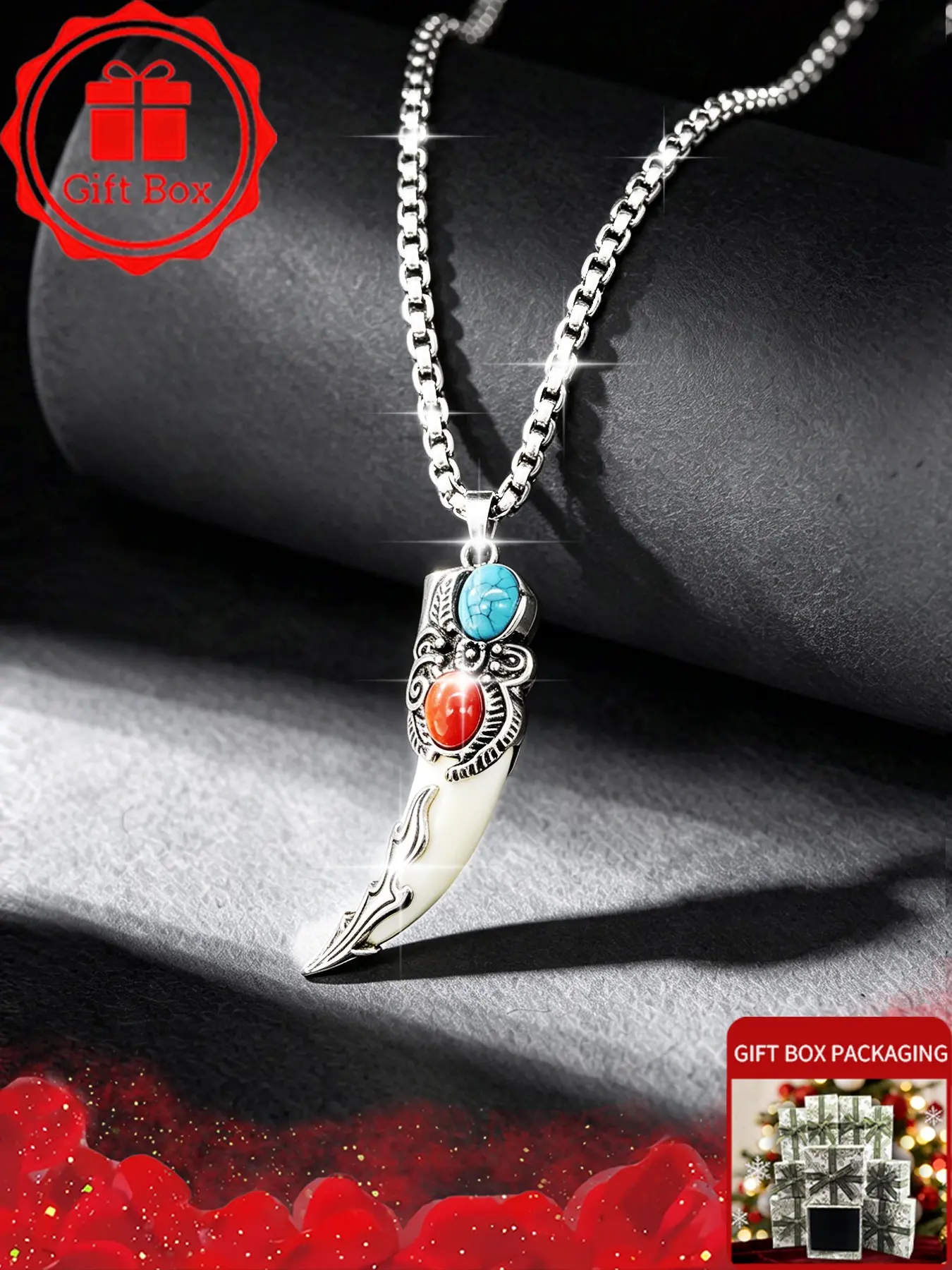 Vintage Viking Wolf Tooth Shaped Pendant Necklace, Durable 304 Stainless Steel Link Chain, Ethnic Tribal Indian Faux Turquoise Coral Stone Necklaces for Men, Cool Boy Punk Rock Biker Jewelry Accessories, Birthday Christmas Gift Present.