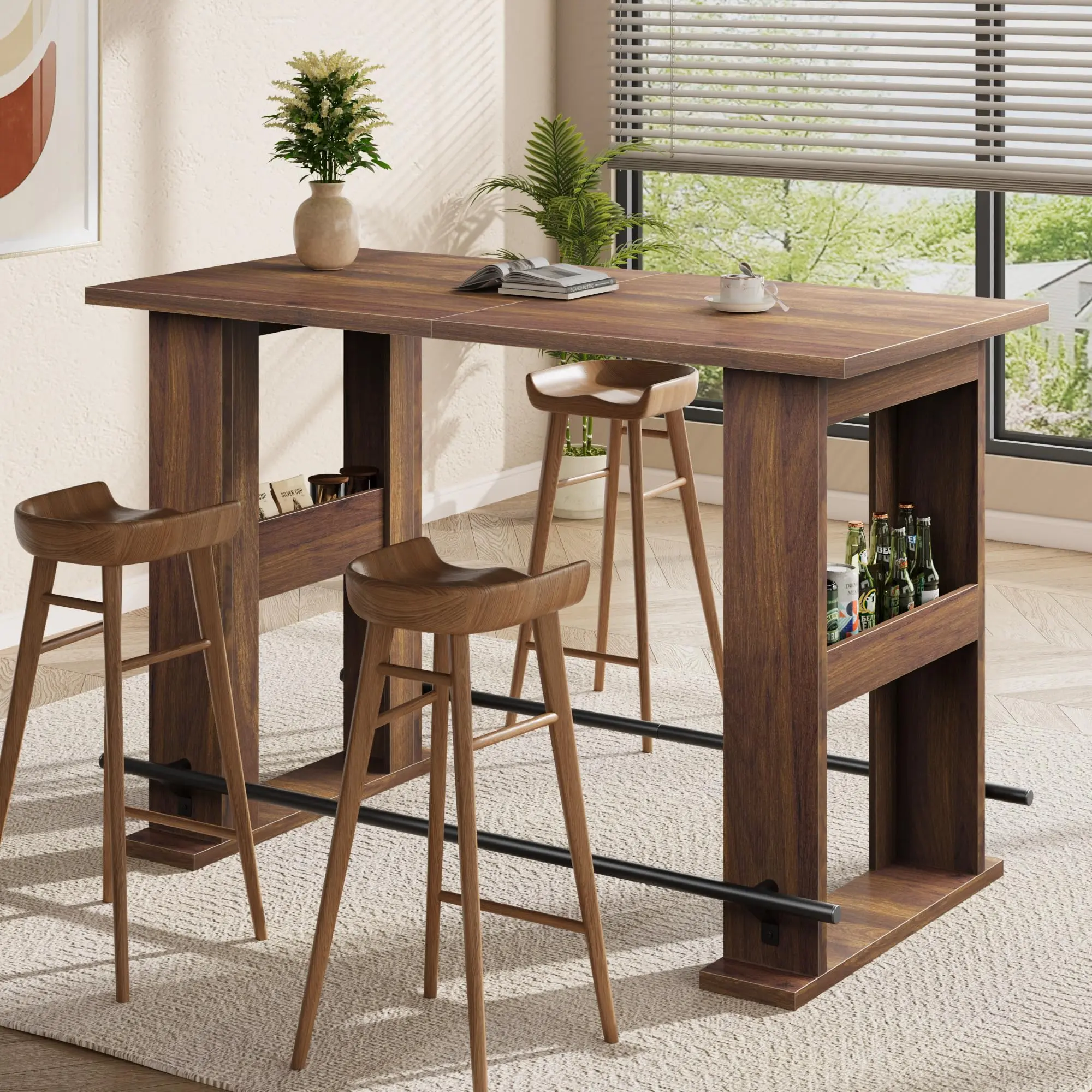 Farmhouse Bar Table with 2 Storage Shelves & Metal Footrest, 63Inch Home Coffee Bar Unit with Storage, Farmhouse Counter Height Pub Table with Metal Footrest