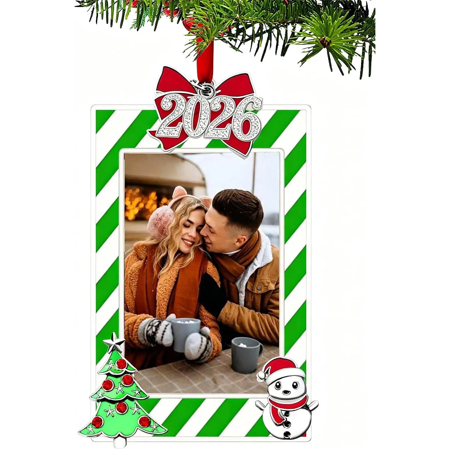 2026 Green Photo Frame Ornament, Metal Christmas Picture Frame Ornament Family Wedding  Photo Xmas Tree Decor, Table or Xmas Tree Two Ways Using (Green)