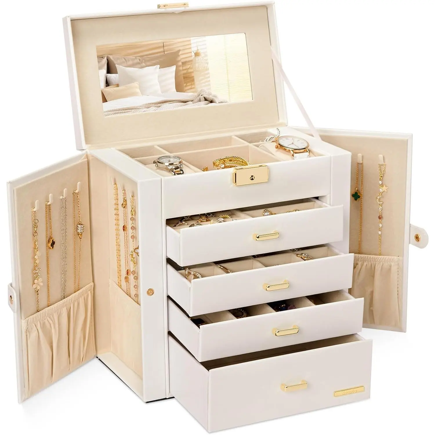 White + Gold Lockable Synthetic Leather Huge Jewelry Box - Mirrored Watch Organizer with Velvet Compartments, Drawers for Necklace, Ring, Earring Storage - Wedding, Valentine's Day Gift Case
