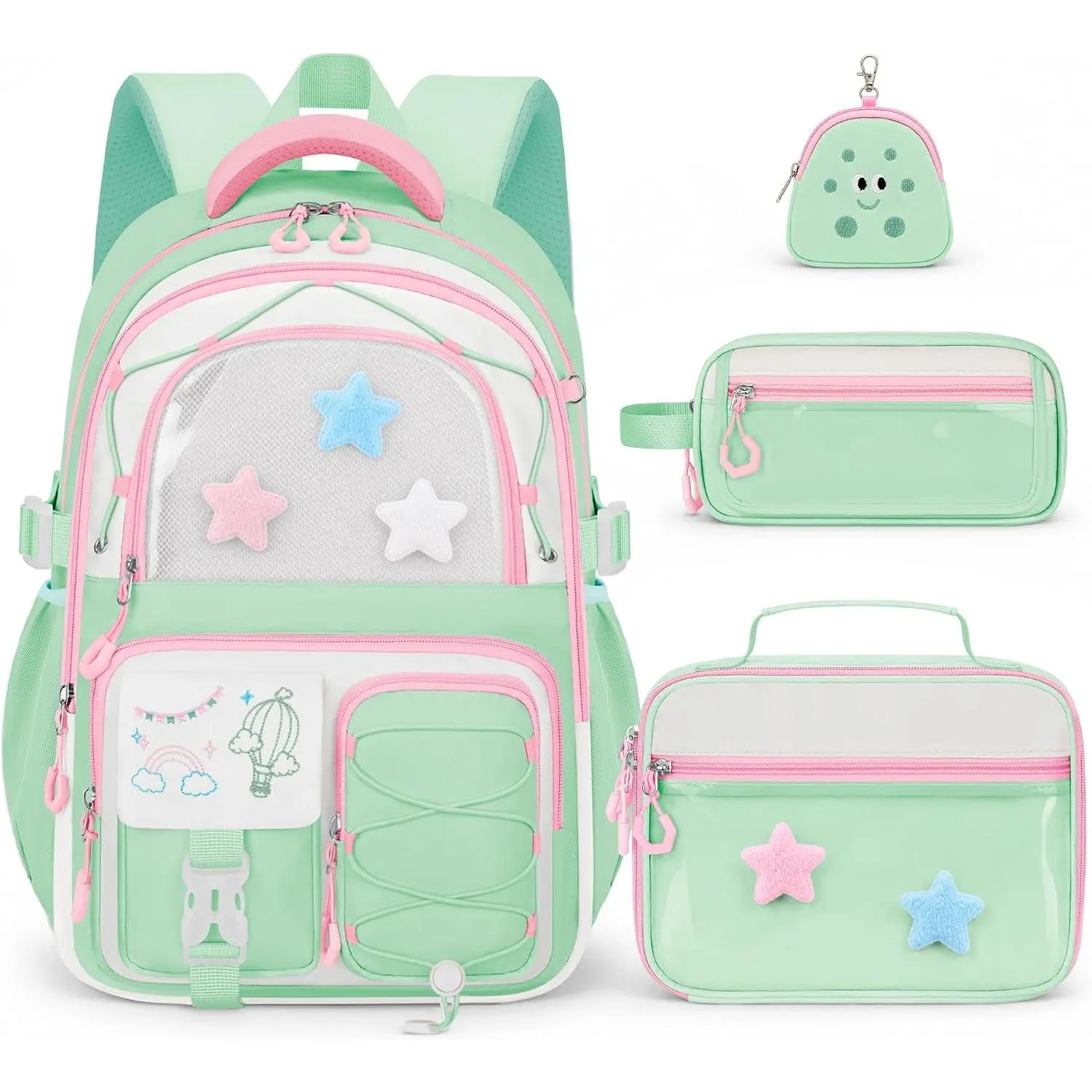 Girls Backpack with Lunch Box, 4 count Green Kawaii School Bookbag for Girls, Aesthetic Elementary Large Laptop Backpack Set for  & Teens