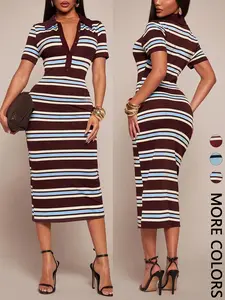 Women's Knit Striped Polo Midi Dress, Short Sleeve, Button Placket, Contrast Color Stripe, Daily Casual Date Party Wear, Breathable Stretchy Soft, Retro Casual Street Style