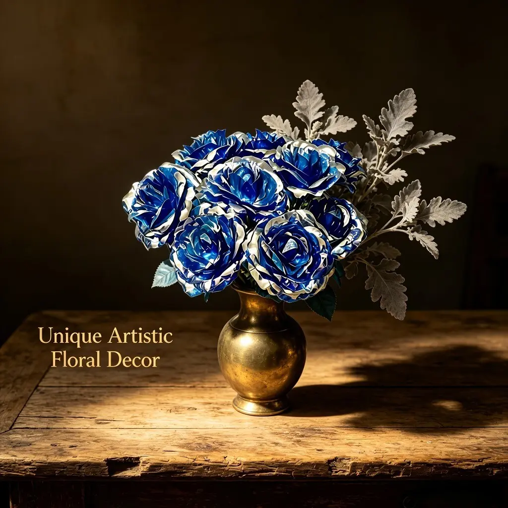 High-End Artificial Rose Bouquet, Blue Silver Color Fake Flowers, Never Withering Preserved Flower, 7.09 Inches, Home Party Wedding Decor, Gift for Women