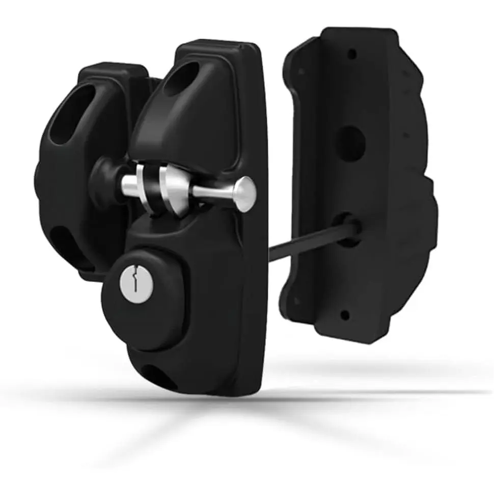 Gravity door lock| Double-sided key lock| Independent locking hooks, can be fastened from both sides| Privacy door gravity lock| Vinyl, wooden, and aluminum gates