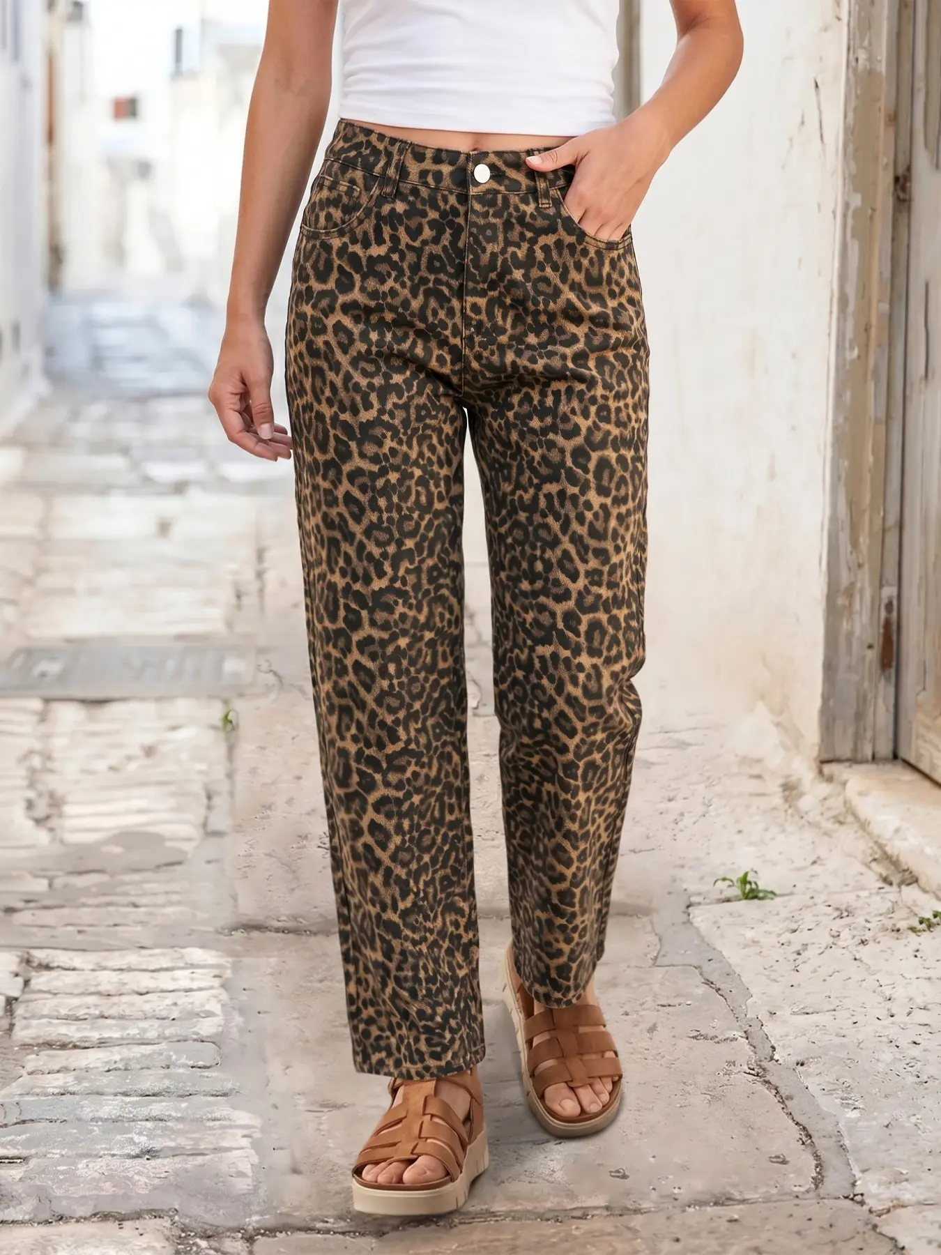 Vintage Leopard Print High-Waisted Straight Leg Jeans, Women's American Vintage Loose Fit Slimming Flowy Wide Leg Casual Printed Long Pants