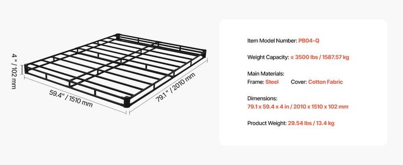 VEVOR Box Spring, Queen Size Bed Frame with Washable Fabric Cloth, Heavy Duty Metal Frame for Queen Bed, 4 in Mattress Foundation, 3500 lbs Max Weight Capacity, Easy Assembly, 79.1 L x 59.4 W x 4 H in