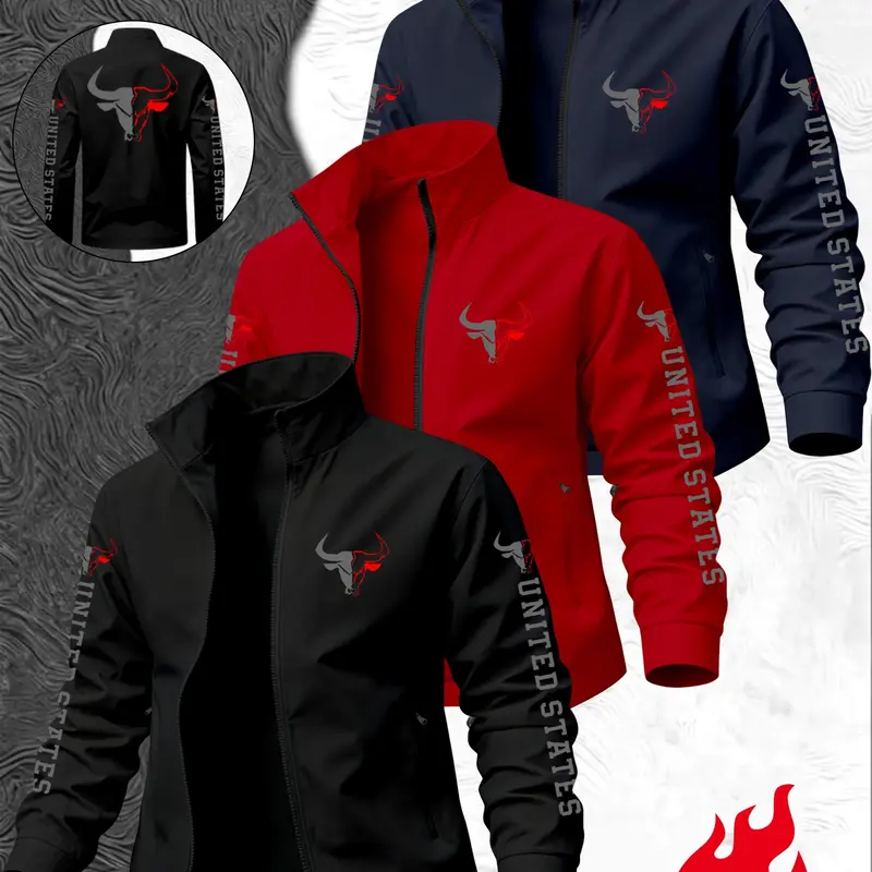Men's Sporty Lapel Jacket, Long Sleeve Print Sports Outerwear, Fitted Zipper Top, Spring Fall Lightweight, Trendy Casual Workwear