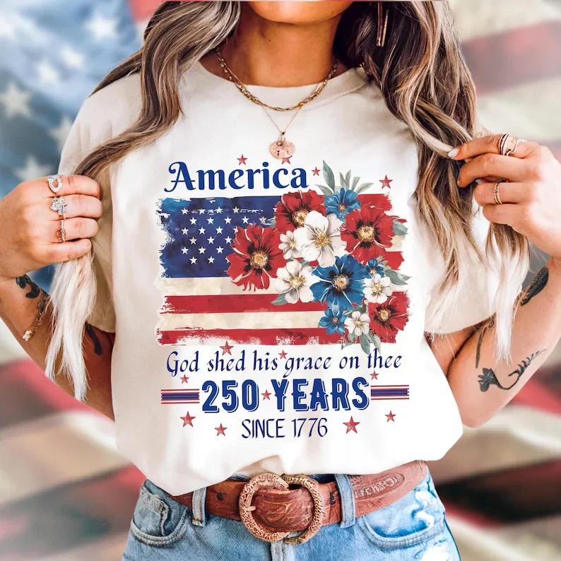 American 250th Anniversary Floral Flag T-Shirt, Cottagecore July 4th Casual Wear