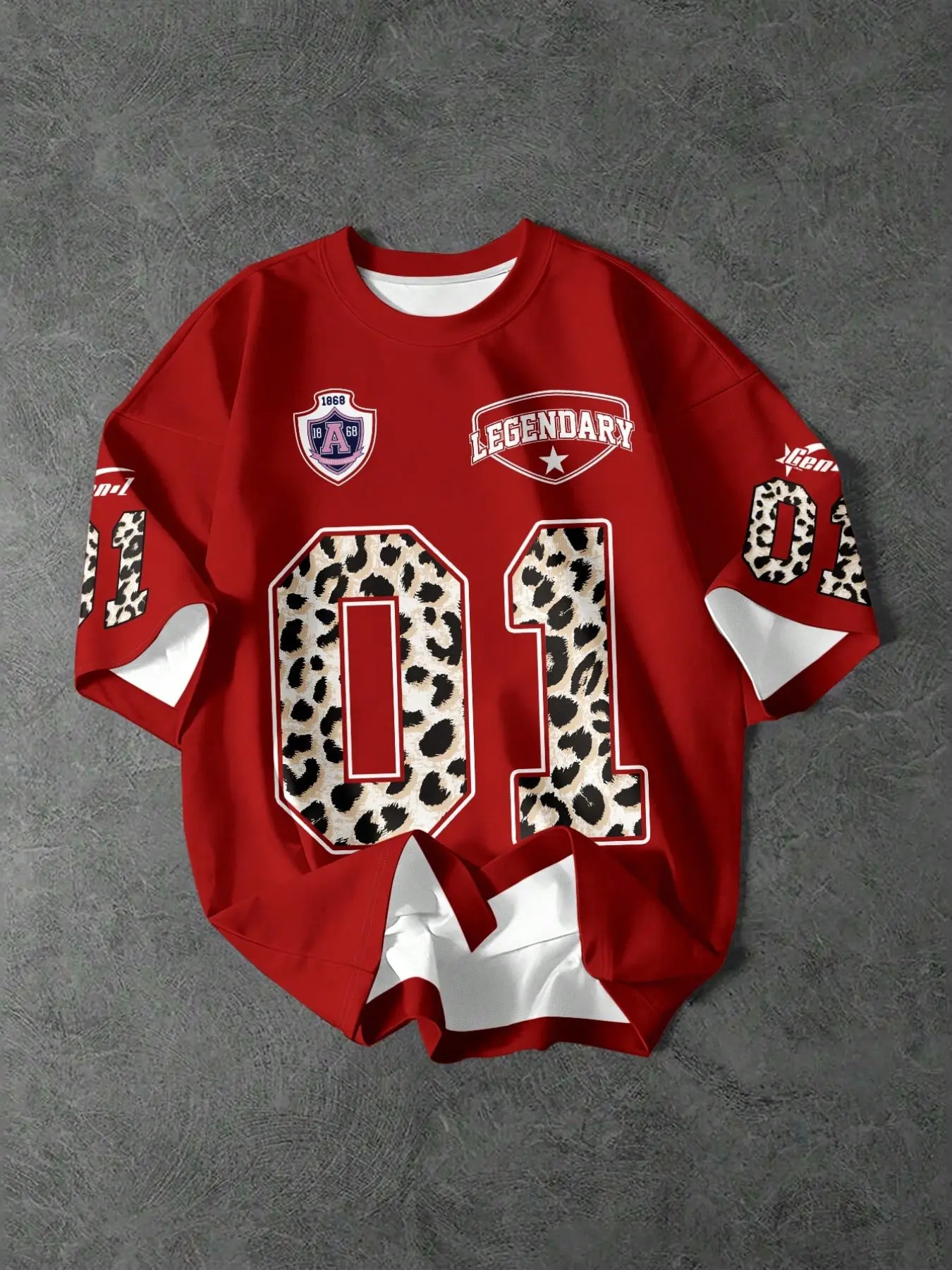 Three-Color Leopard Print Digital Round Neck Sport Short Sleeve T-Shirt, American Retro Legendary Loose Fit Jersey Top