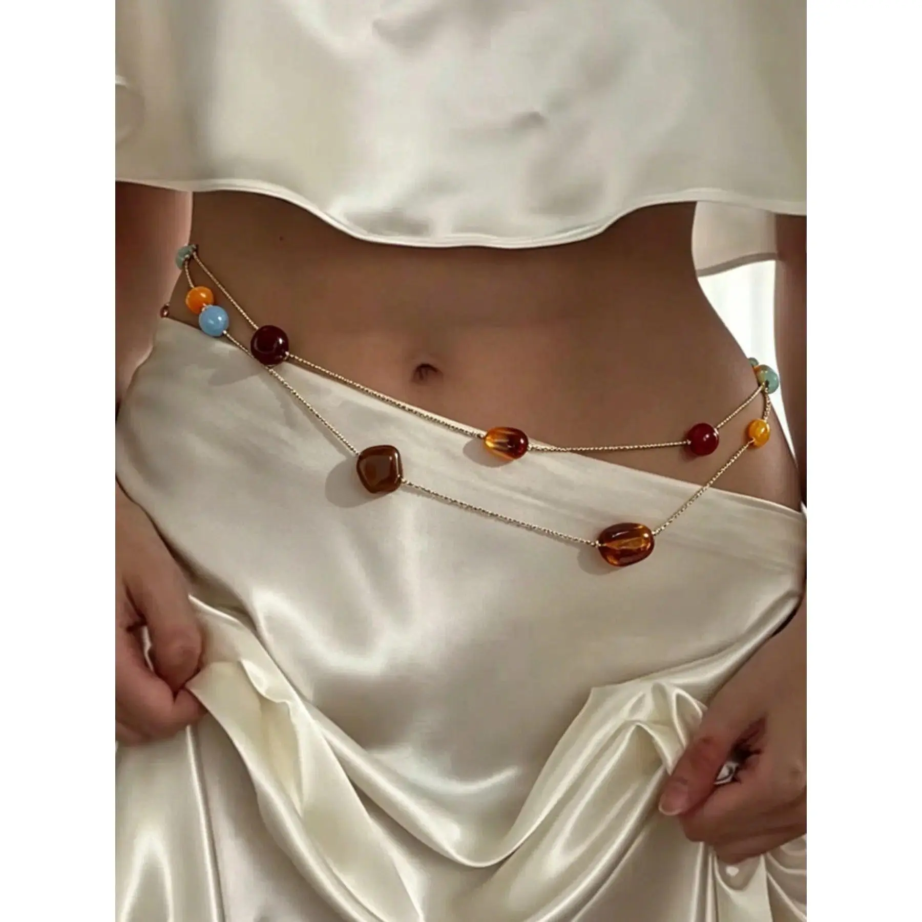 Women's Adjustable Length Copper Gradient Resin Beaded Waist Chain - Plain Boho Gold-Tone Layered Beach Body Jewelry, Coastal Cowgirl Mermaidcore Bikini Accessory, Summer Vacation Gift for Females