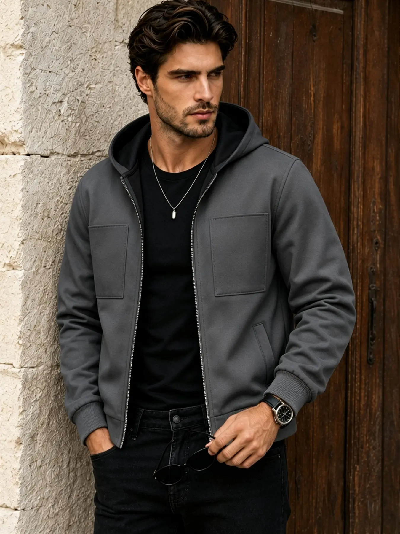 Men's Plain Hoodie, Zipper Closure, Geometric Patch, Side Pockets, Ribbed Hem, Unisex, Casual Fall Winter Outerwear, Perfect Gift