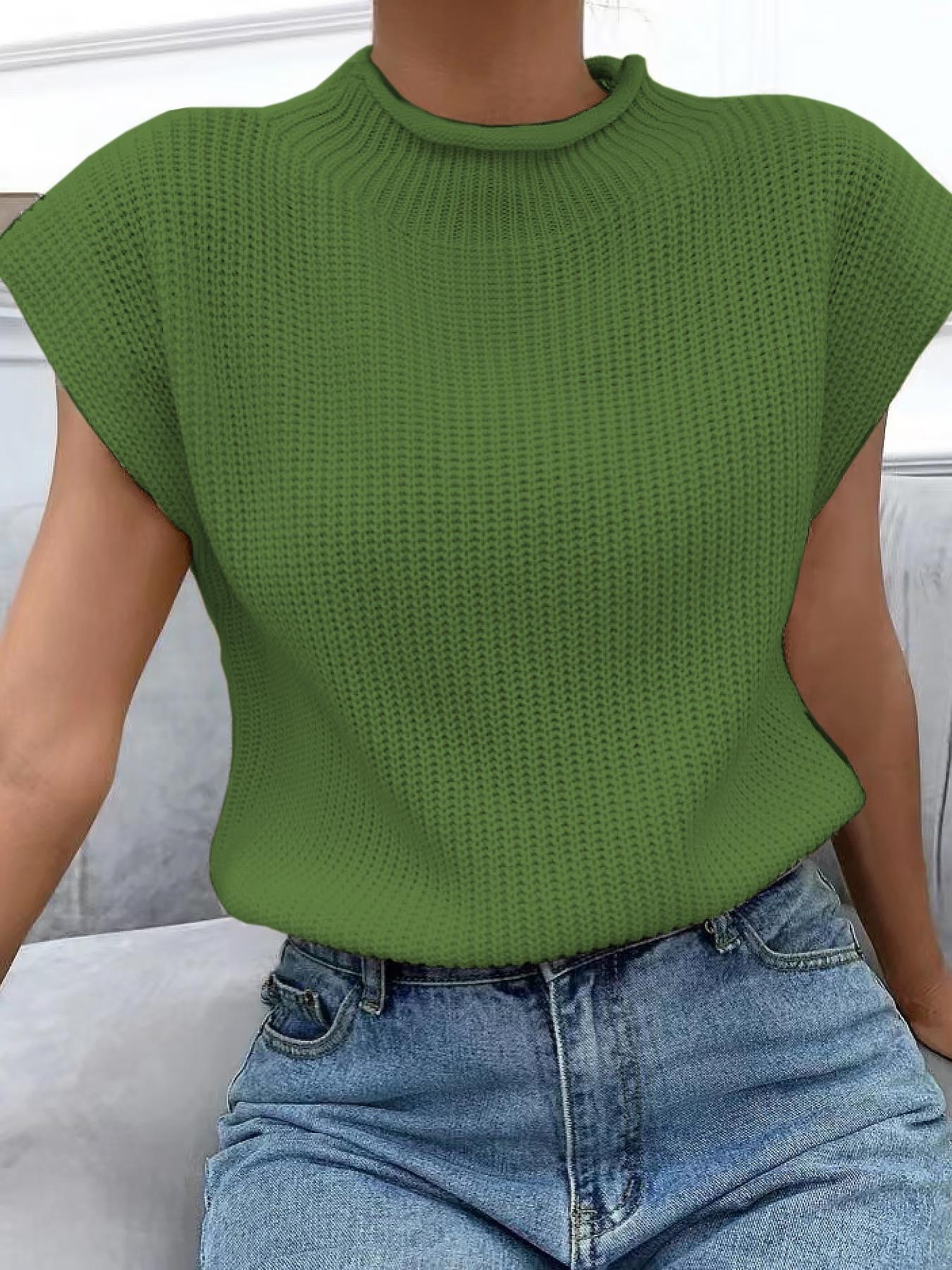 Women's Plain Roll Trim Mock Neck Sweater Vest, Casual Solid Sleeveless Knit Top for Spring & Fall, Women's Knitwear for Daily Wear